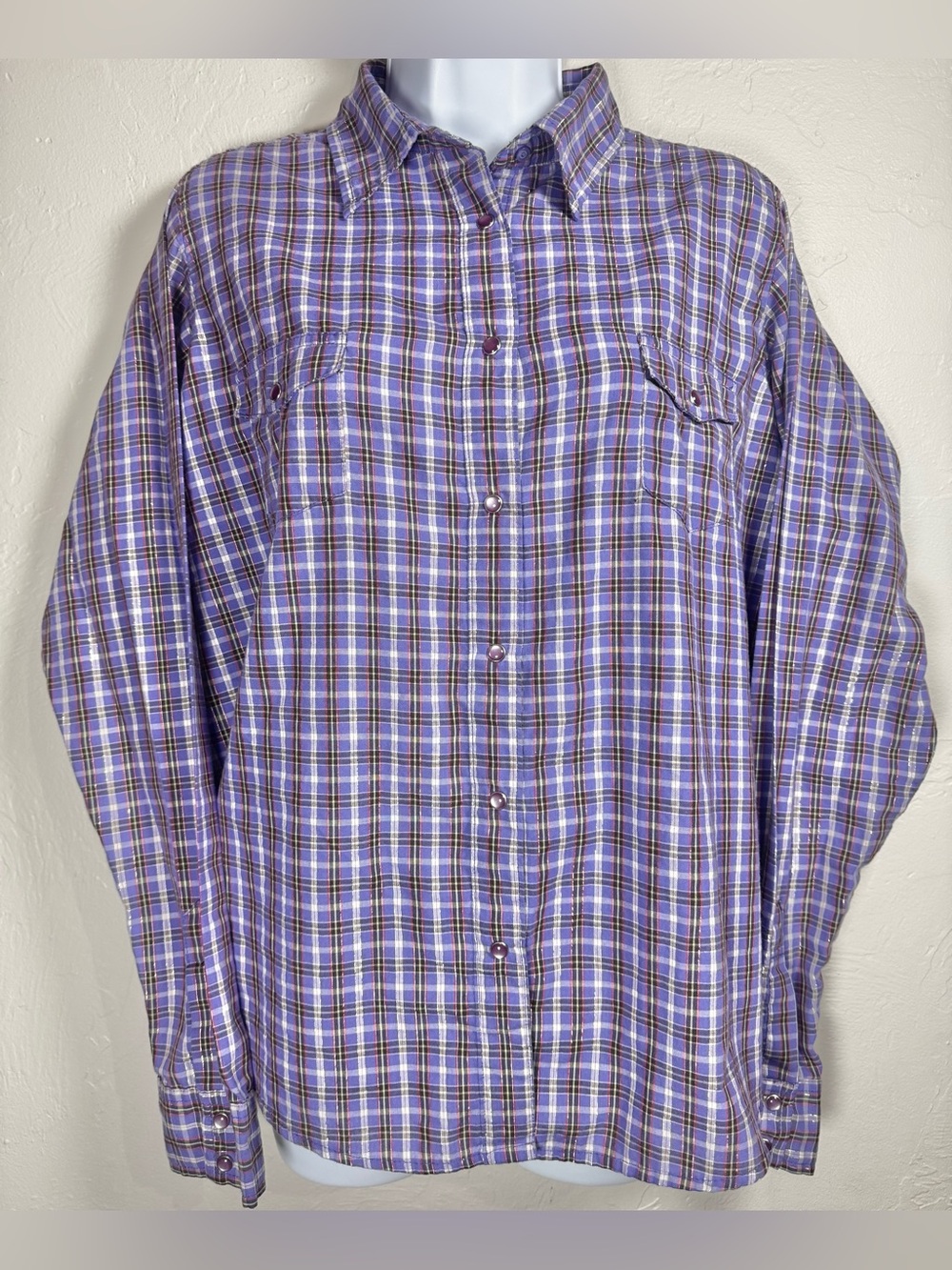 Wrangler Purple and White Plaid Pearl Snap Button-Down Shirt Size XL